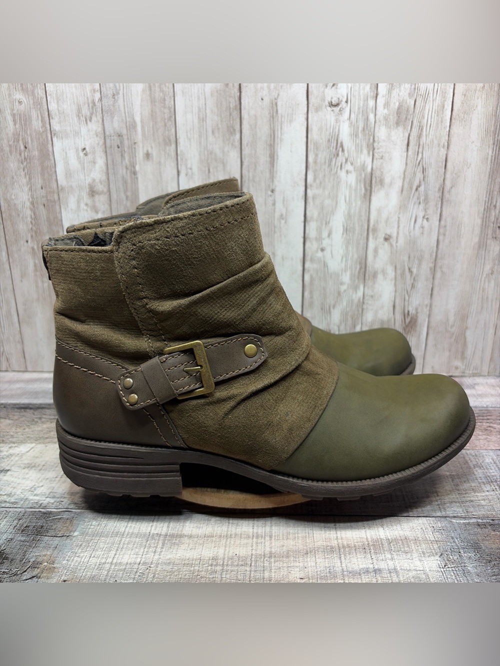 Earth Origins Phoenix Women’s Moto Olive Green Taupe Ankle Boots  Size 10 M - Picture 6 of 16